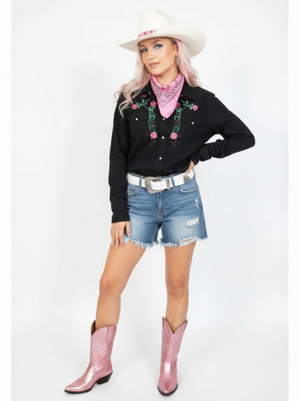 Y2K Western Shirt - Rhinestones with Rose Embroidery- Size L